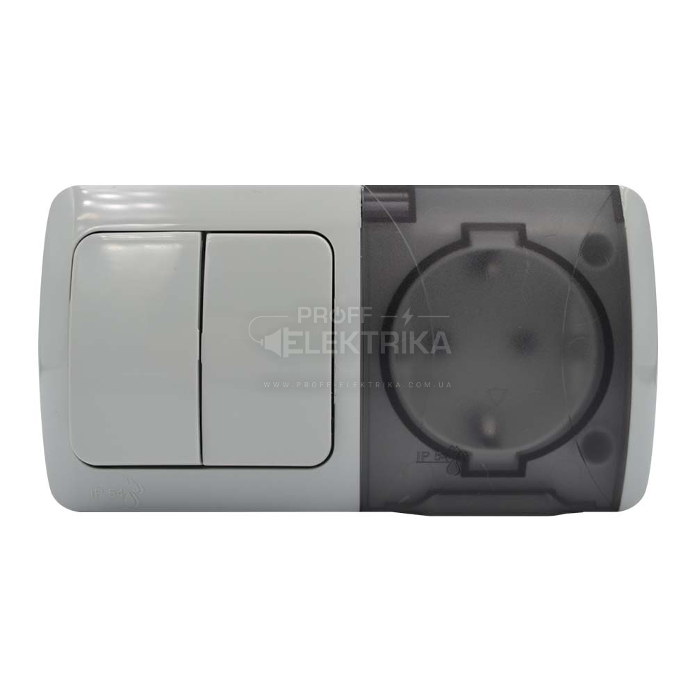 Фото Выключатель двухклавишный + розетка с заземлением IP54 EVA