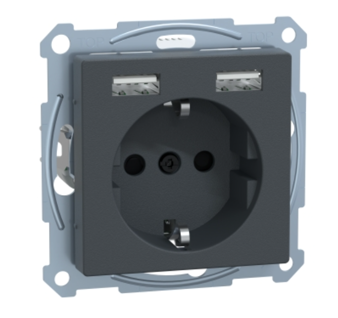 Фото 4 SM Розетка Schuko с 2 USB 2,4A с заземлением антрацит MTN2366-0414