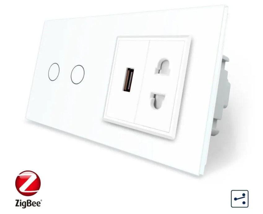 Фото Розумний сенсорний прохідний вимикач ZigBee 2 сенсора 1 розетка 1 USB біле скло Livolo