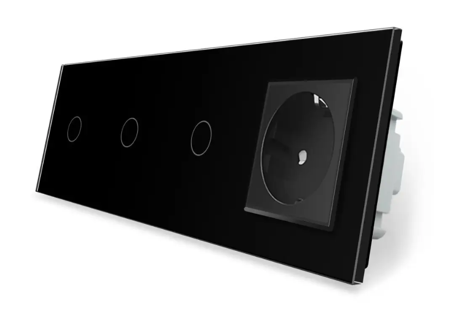 Фото Сенсорный выключатель 3 сенсора 1 розетка черное стекло 1-1-1 Livolo