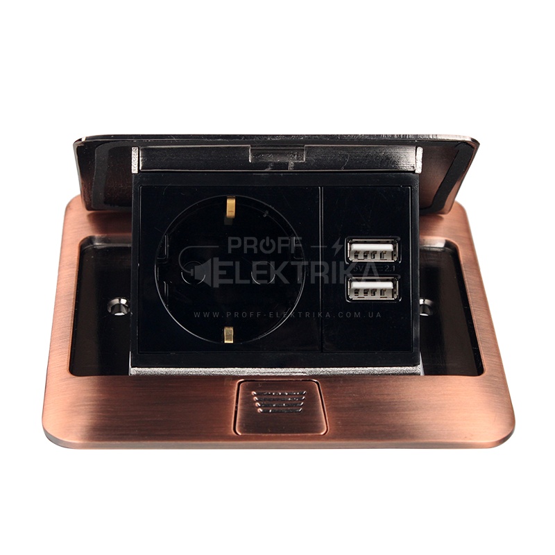 Фото Розетка для підлоги врізна Антична мідь 16 А + 2 USB 2,1 А IP44