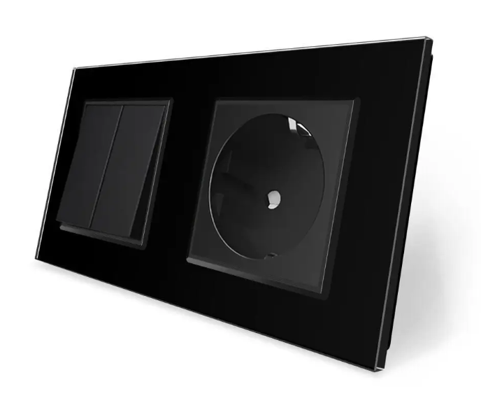 Фото Двухклавишный выключатель с розеткой черное стекло Livolo