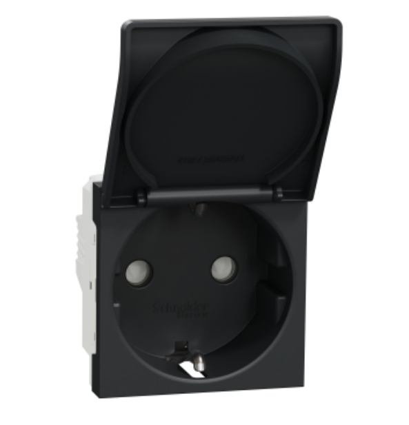 Фото Розетка с заземлением с шторками и крышкой 16А винтовый зажим антрацит UNICA NEW Schneider Electric