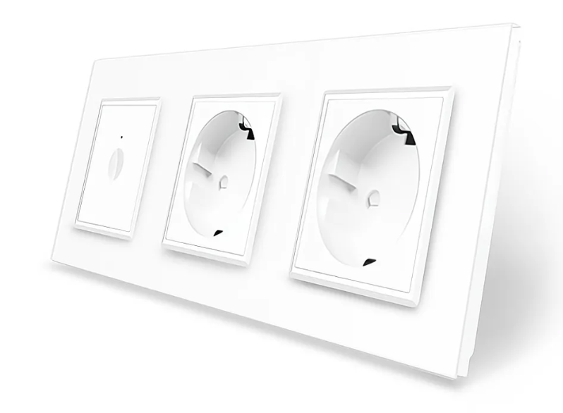 Фото Сенсорный проходной выключатель Sense 1 сенсор 2 розетки белое стекло Livolo