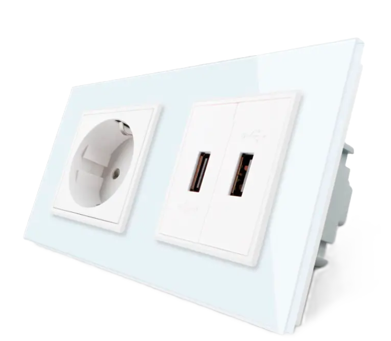 Фото Розетка с заземлением с 2 USB розетками белое стекло Livolo