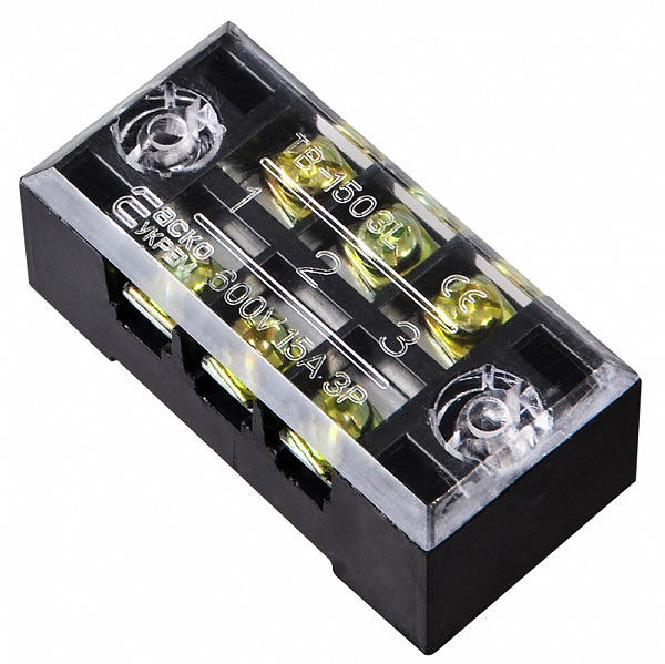 Фото Клеммная колодка защищенная карболитовая черная 3 полюса TB1503 15 А ACKO