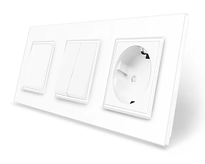 Фото Трехклавишный выключатель 1-2 с розеткой белое стекло Livolo
