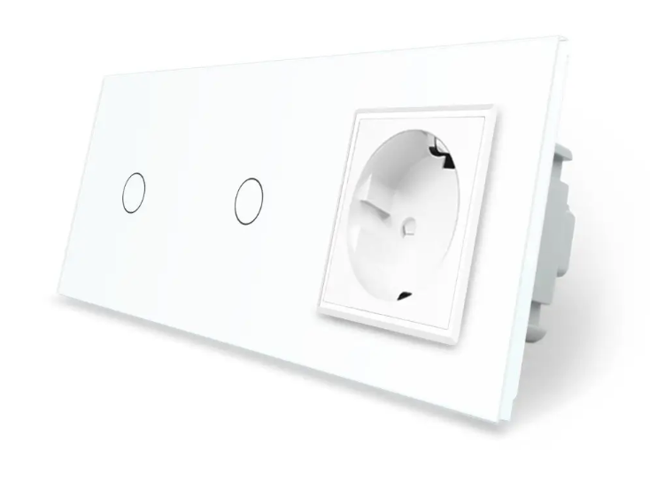 Фото Сенсорный выключатель 1-1 2 сенсора 1 розетка белое стекло Livolo