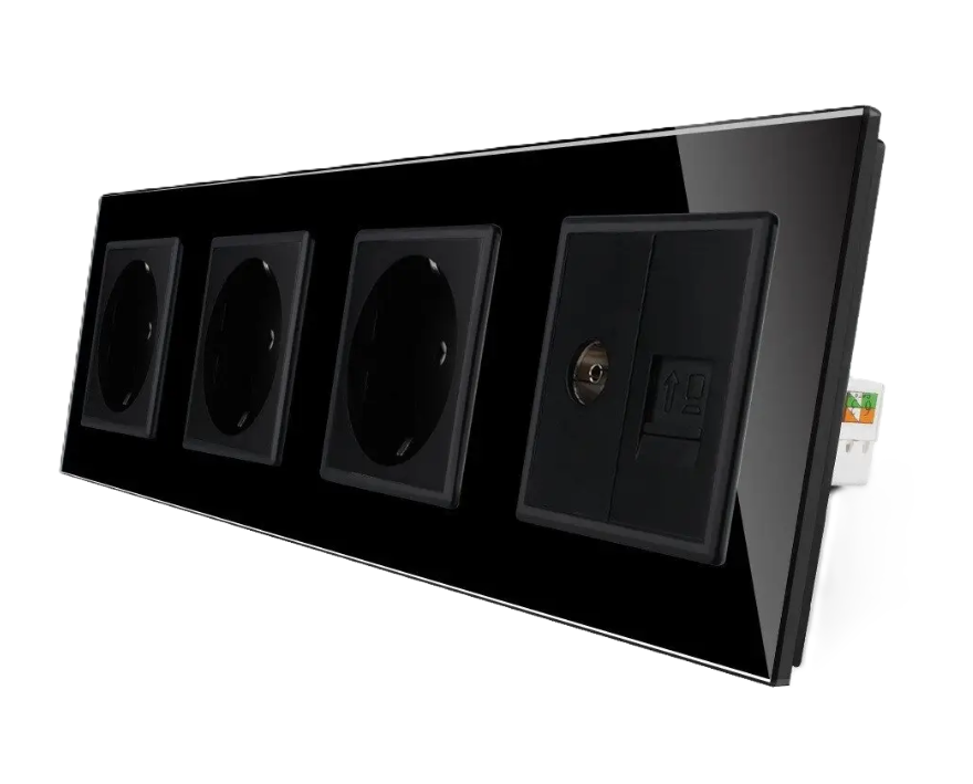 Фото Розетка четырехместная комбинированная силовая интернет ТВ черное стекло Livolo