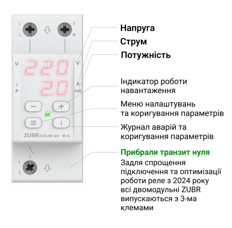 Фото 2 Реле напруги із контролем струму ZUBR CV2 40 red