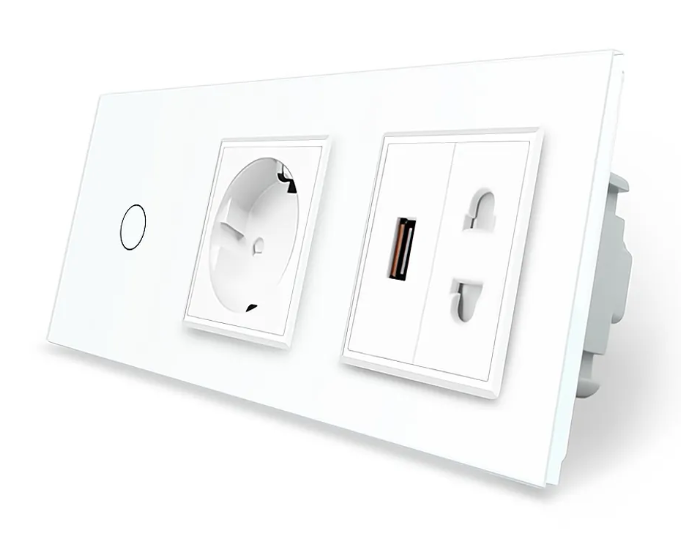 Фото Сенсорный выключатель 1 сенсор 1 USB 1 розетка универсальная белое стекло Livolo