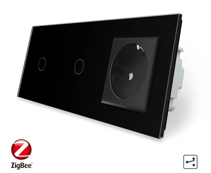 Фото Умный сенсорный проходной выключатель ZigBee 2 сенсора 1 розетка 1-1 черное стекло Livolo