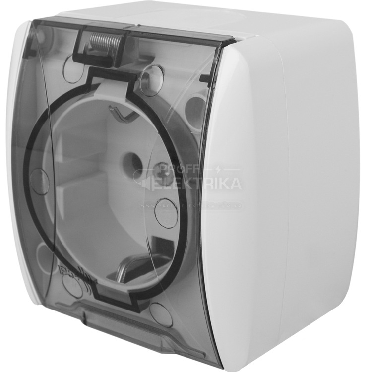 Фото 2 Розетка одинарна з заземленням біла з прозорою кришкою IP54 EVA