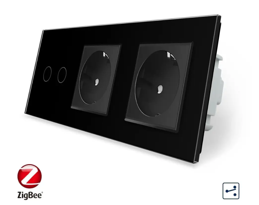 Фото Умный сенсорный проходной выключатель ZigBee 2 сенсора 2 розетки черное стекло Livolo