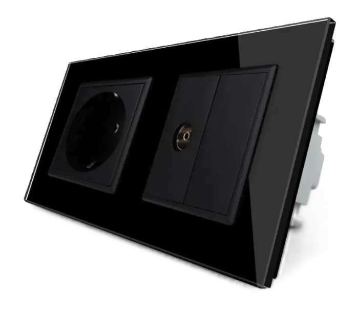 Фото Розетка двухместная комбинированная бытовая и телевизионная черное стекло Livolo