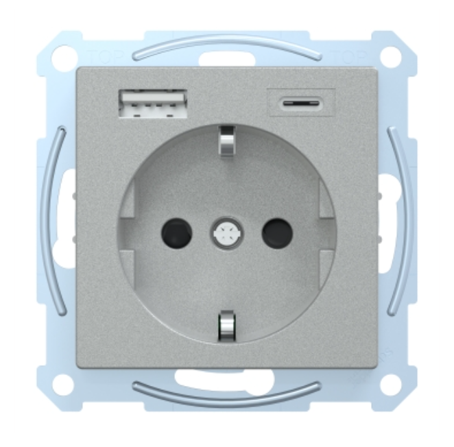 Фото MERTEN SM Розетка силовая 16 A с зарядкой USB A+C 3 A алюминий MTN2367-0460