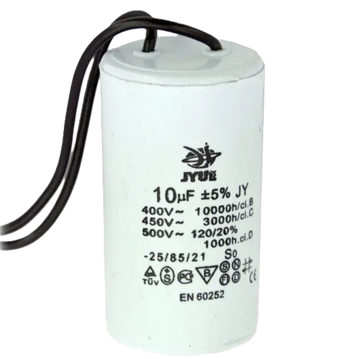 Фото Конденсатор JYUL CBB-60 10 mkf 450 VAC (±5%) гибкие выводы 35*60 мм