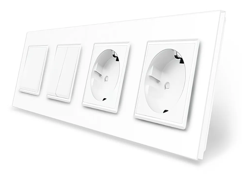 Фото Трехклавишный выключатель 1-2 с двойной розеткой белое стекло Livolo