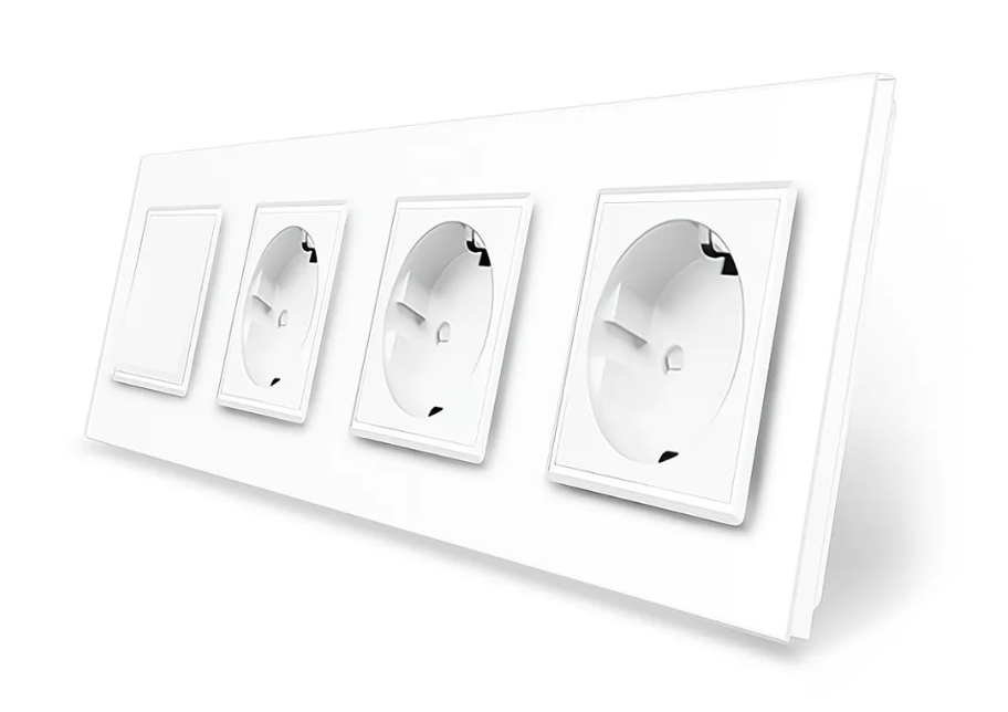 Фото Одноклавішний вимикач із потрійною розеткою біле скло Livolo