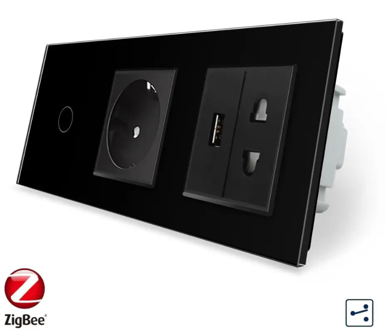 Фото Розумний сенсорний прохідний вимикач ZigBee 1 сенсор 1 розетка 1 USB 1 універсальна розетка чорне скло Livolo