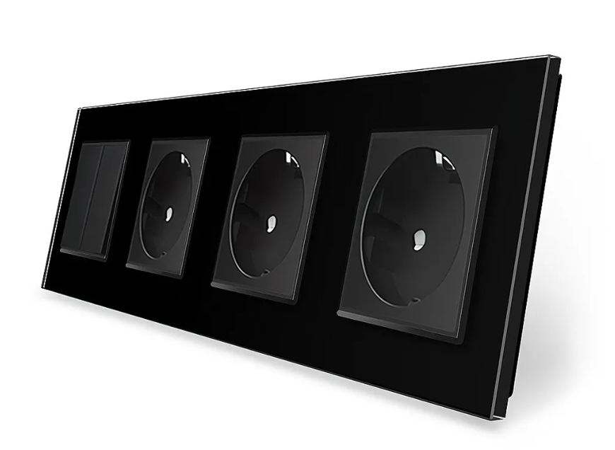 Фото Двоклавішний вимикач із потрійною розеткою чорне скло Livolo