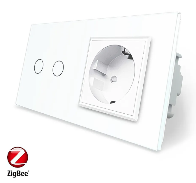 Фото Розумний сенсорний ZigBee вимикач 2 сенсора 1 розетка біле скло Livolo