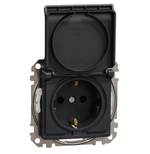 Фото Розетка Sedna Design із заземленням із шторками та кришкою IP44 чорна