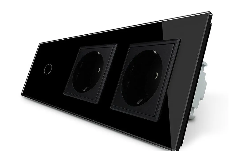 Фото Розумний сенсорний ZigBee вимикач 1 сенсор 2 розетки чорне скло Livolo