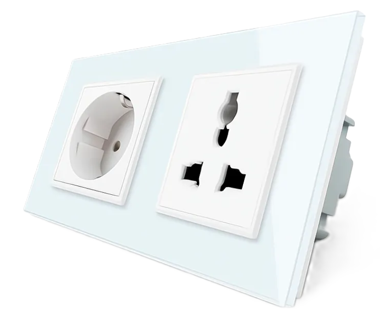 Фото Розетка подвійна силова та універсальна біле скло Livolo