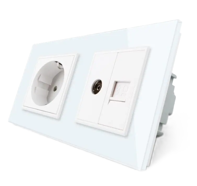 Фото Розетка двомісна комбінована силова інтернет ТВ біле скло Livolo