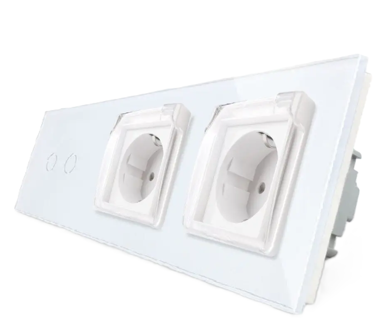 Фото Сенсорный выключатель 2 сенсора Розетка двойная влагозащитная с крышкой белое стекло Livolo