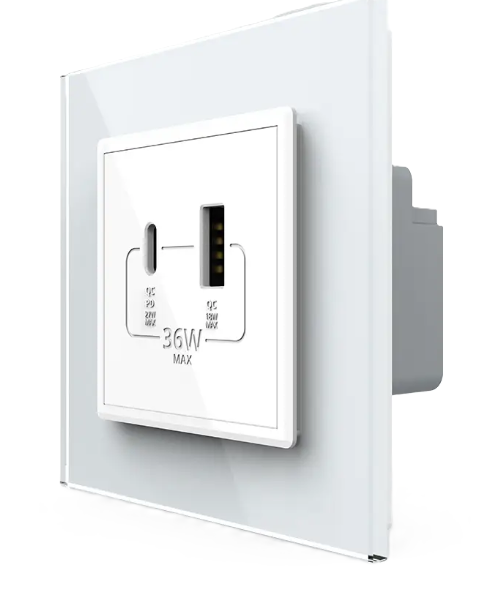 Фото Розетка USB-A та USB-C з Power Delivery 36W біле скло Livolo