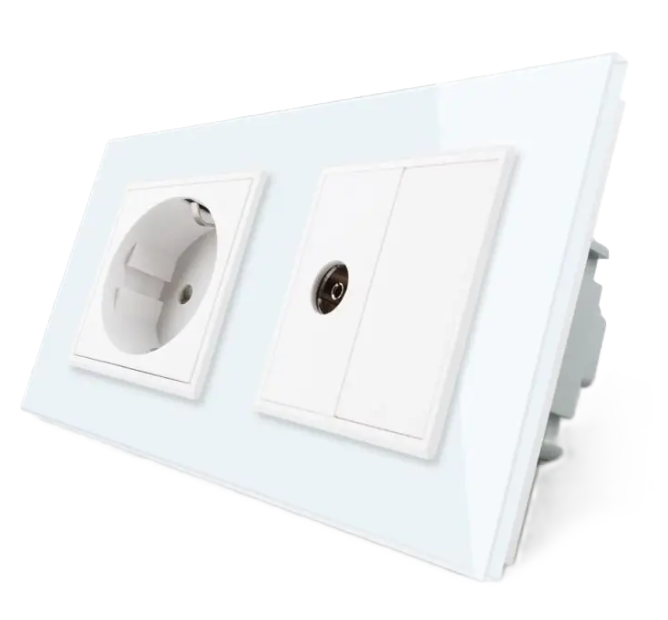 Фото Розетка двомісна комбінована побутова та телевізійна біле скло Livolo
