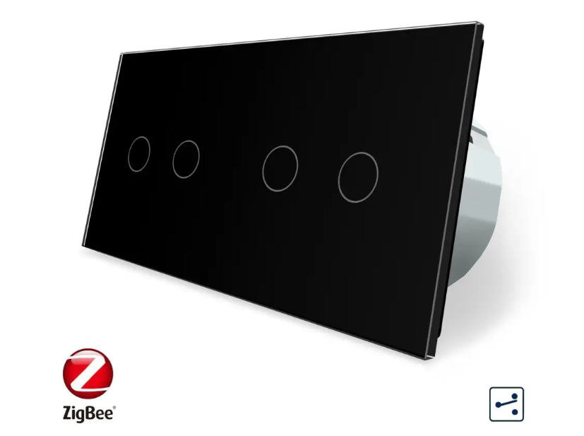 Фото Розумний сенсорний прохідний вимикач ZigBee 4 сенсора 2-2 чорне скло Livolo