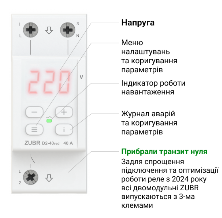 Фото 2 Реле напруги ZUBR D2 40 red