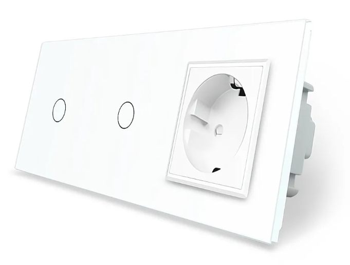 Фото Сенсорний прохідний перехресний вимикач 2 сенсори 1-1 1 розетка біле скло Livolo