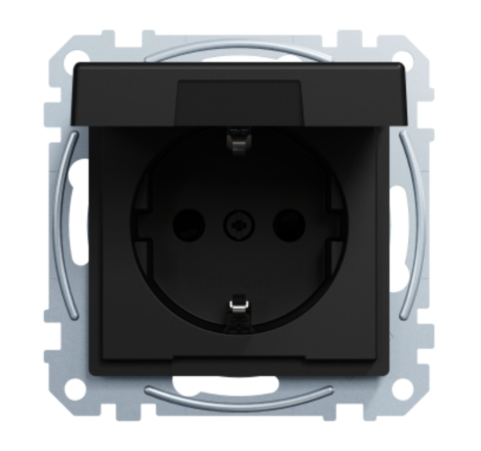 Фото Механизм розетки SCHUKO с крышкой и защитными шторками Merten System M черный матовый