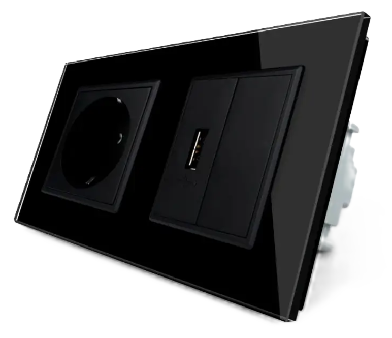 Фото Розетка із заземленням з USB розеткою чорне скло Livolo