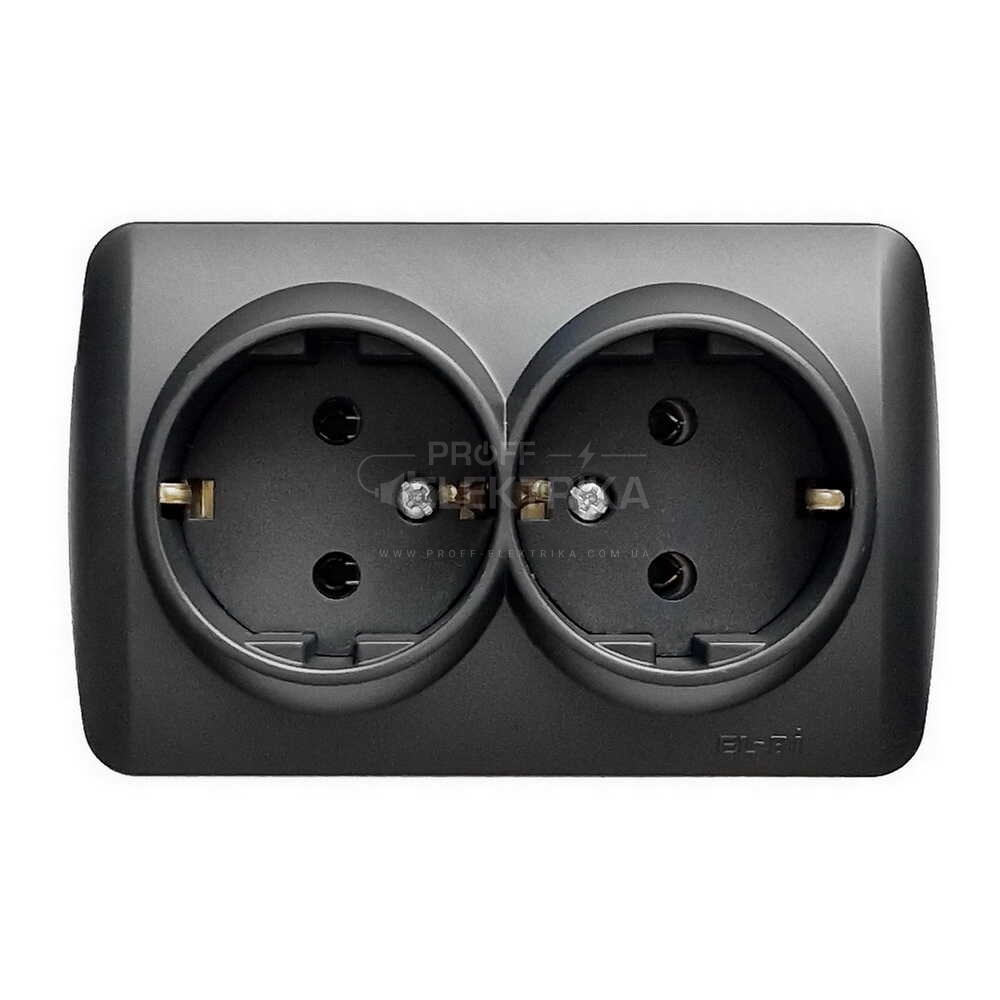Фото Розетка подвійна із заземленням Чорна матова ALSU