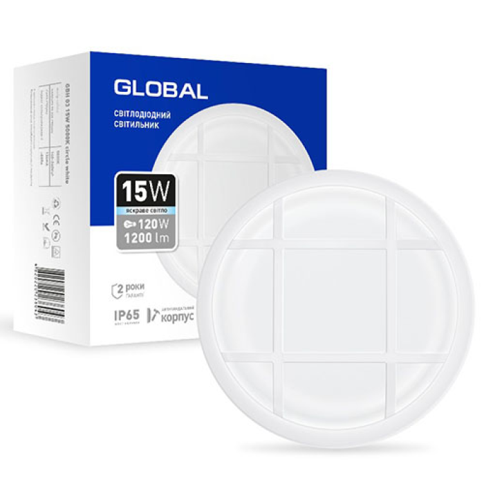 Фото Светильник круг Белый с решеткой 15W 5000 К IP65 GLOBAL