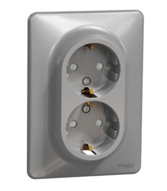 Фото Двойная розетка с заземлением и шторками Алюминий Sedna Design Schneider Electric