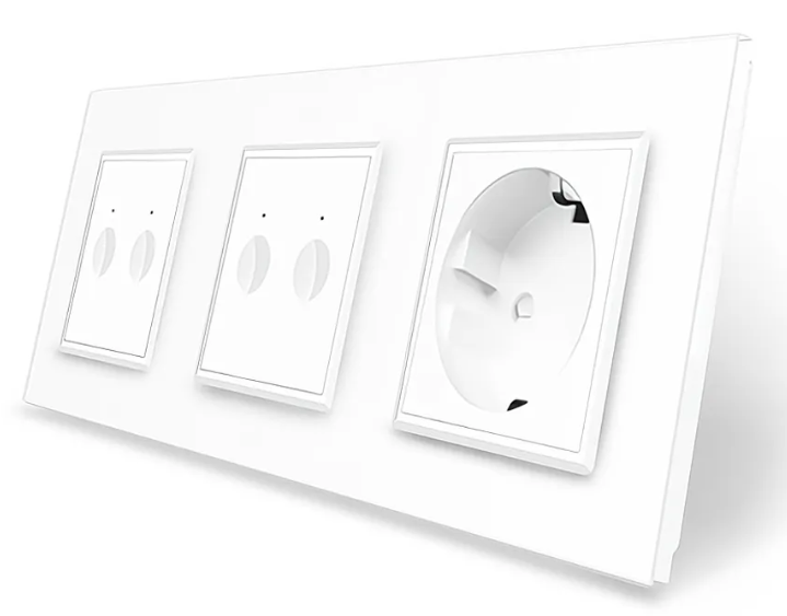 Фото Сенсорный проходной выключатель Sense 4 сенсора 1 розетка белое стекло 2-2 Livolo