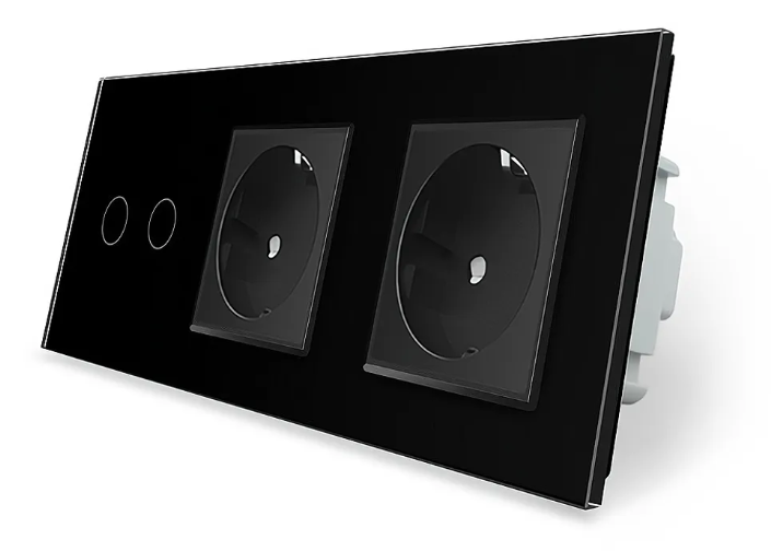 Фото Сенсорний прохідний перехресний вимикач 2 сенсори 2 розетки чорне скло Livolo