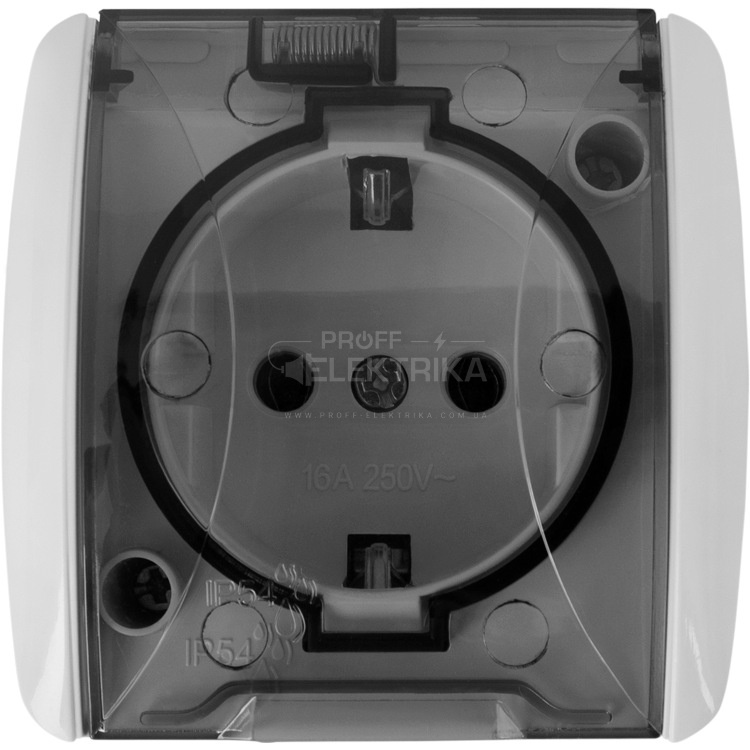 Фото Розетка одинарна з заземленням біла з прозорою кришкою IP54 EVA