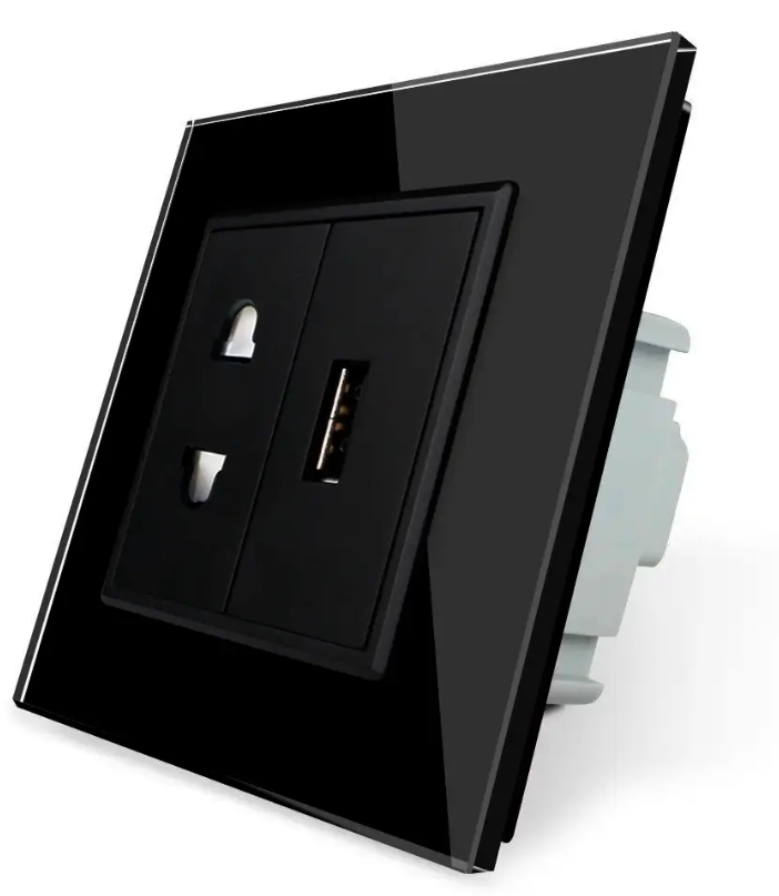 Фото Розетка універсальна із USB розеткою чорне скло Livolo