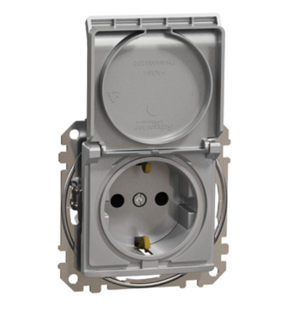 Фото Розетка с заземлением с шторками и крышкой Алюминий Sedna Design Schneider Electric