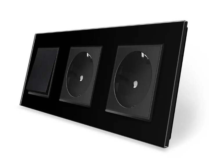 Фото Одноклавішний вимикач із подвійною розеткою чорне скло Livolo
