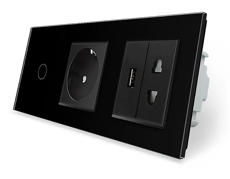 Фото Сенсорний вимикач 1 сенсор 1 USB 1 розетка універсальна чорне скло Livolo