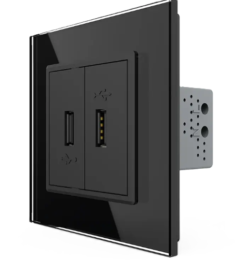 Фото Розетка двойная USB с блоком питания черное стекло Livolo