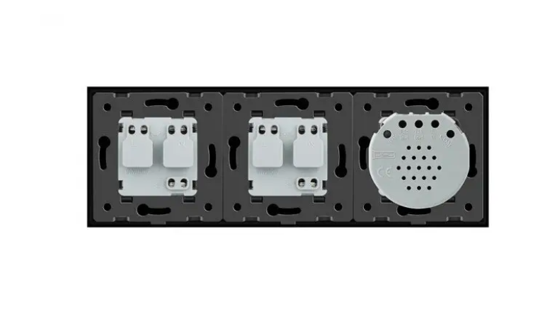 Фото 3 Сенсорный выключатель 2 сенсора 2 розетки черное стекло Livolo